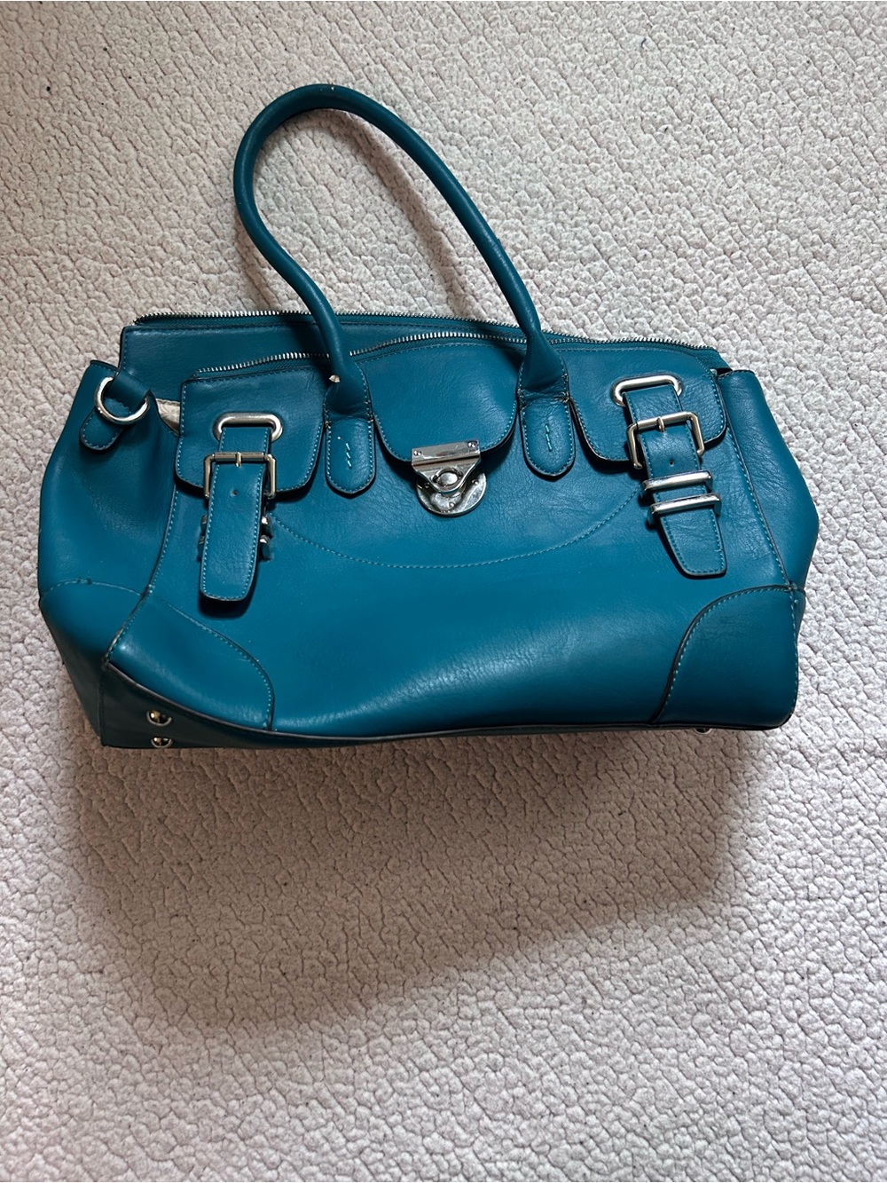Charming Charlie Teal Leather Satchel Handbag Silver Hardware Buckle Zip Top